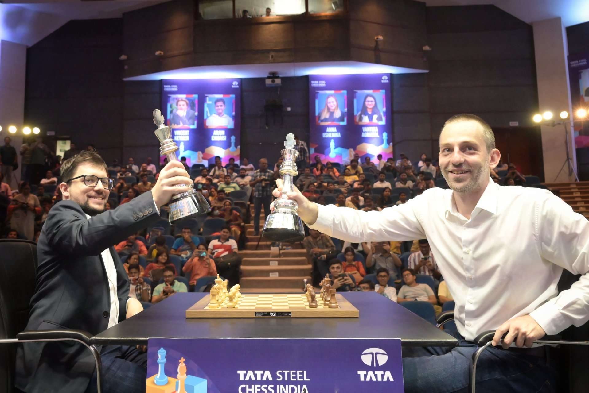 GM Alexander Grischuk confirmed his reputation as a blitz specialist with steady play on the second and final day of the 2023 Tata Steel Chess India Open Blitz, winning the title with a score of 12 points from 18 games. GM Nodirbek Abdusattorov and the overnight leader GM Praggnanandhaa Rameshbabu finished second and third respectively, with 11 points each. GM Vidit Santosh Gujrathi, who appeared to be one of the main contenders for the title at the end of the first day, had a rough second day, beginning with four losses in a row, and never really recovering from the setbacks. Watch the Tata Steel India Chess Open Rapid & Blitz You can watch the event live on Twitch, as well as on our YouTube channels for Chess.com and Chess24. Keep up to date with all the details of the tournament on our live events platform, and follow the games by clicking here. The broadcast was hosted by GM Robert Hess and IM Tania Sachdev. Importance Of Draws The Chasers Importance Of Draws Commentating during the live broadcast, GM Viswanathan Anand discussed the best mindset for playing blitz tournaments: The nice thing in blitz is you need not sit and overthink anything during the rounds. You just go out there and play. If you manage to stay solid, your score is moving up steadily. It is underestimated that you win a tournament with draws, but it does help not to lose. You can win a blitz tournament [even] with a +2 or +3, [because] everyone else can be wobbly. He also pointed out the reason for Grischuk being one of the best players in the world in blitz for decades now: "Alexander likes blitz, most of all." Twin winners of the Tata Steel Chess Rapid & Blitz, Vachier-Lagrave and Grischuk. Photo: Vivek Sohani/Tata Steel Chess India. Trailing Praggnanandhaa by half a point at the end of the first day, Grischuk played steadily throughout the day, netting four wins, three draws, and a solitary loss to score a total of 5.5 points for the day and finish with 12 points. In comparison, Praggnanandhaa had three wins, three draws, and t